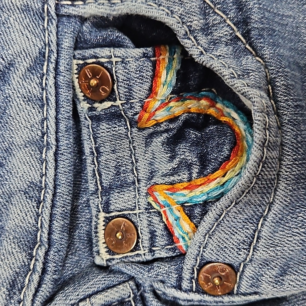 True Religion Boot Cut Jeans Rainbow Stitching Size 26 Made In USA Y2K Low Rise - Picture 12 of 14